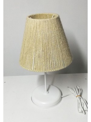 El Işlemeli Jüt Ip Abajur, Beyaz Metal Ayaklı, Krem ve Kırmızı Detaylar