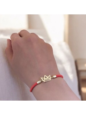 Archin Seda İsmine Özel Turuncu İpek Örgülü Taç Motifli 14  Ayar Altın Plakalı Hediye Bileklik-501 İsim