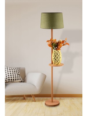 Yeşil Hasır Başlıklı Ceviz Ahşap Sehpalı Lambader