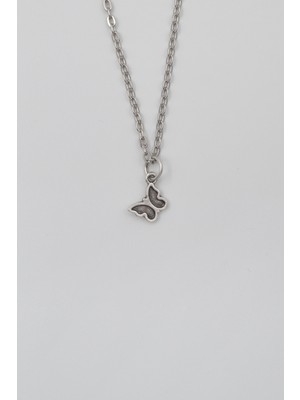Minimalist Kelebek Düz Ezme Zincir Kolye - Antik Gümüş Kaplama - Kadın Erkek - 60 cm