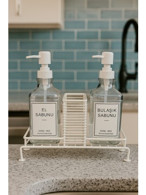 Modern Cam Ikili Sıvı Sabunluk & Deterjanlık SETI-500 ml Cam Sabunluk, Metal Stantlı