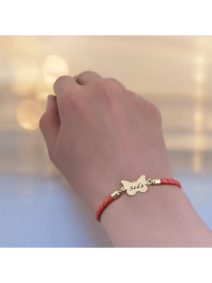 Archin Seda İsmine Özel Turuncu Derili Kelebek Motifli 14  Ayar Altın Plakalı Hediye Bileklik-502 İsim