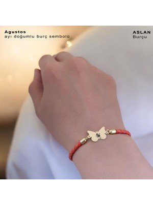 Archin Aslan  Burçlarına Özel 14  Ayar Altın Plakalı Turuncu Derili Kelebek Motifli Hediye Bileklik-502 Burç