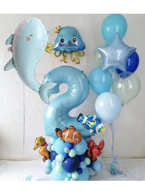 Mavi Okyanus Deniz Canlıları Temalı Yaş Folyolu Doğum Günü Parti Kutlama Seti Süsü