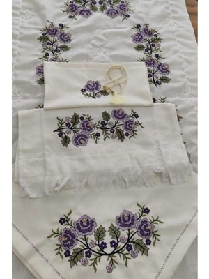 About The Perfect Lila Kanaviçe Işlemeli Bohça Seti, Çiçek Desenli, Zarif ve Şık Hediye Seti