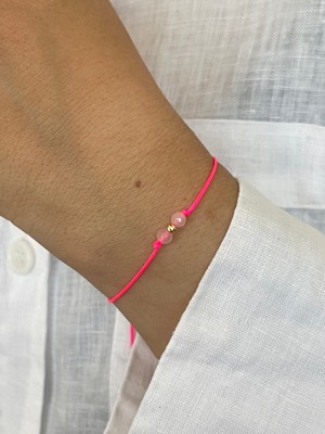 Aida Jewelss 14 Ayar Altın Dorika Detaylı Doğal Pembe Kuvars Taşlı Minimal Tasarım Altın Bileklik