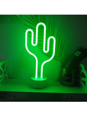 Çok Renkli Neon Kaktüs Masa Gece Lambası, USB ve Pilli, Şık ve Renkli Aydınlatma
