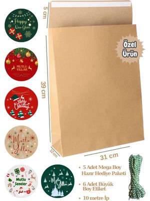 3lü Set Mega Boy Kapaklı Yapışkanlı Hediye Paketi-5li + 10 mt Yeşil-Beyaz Ip+ Yılbaşı Etiketleri