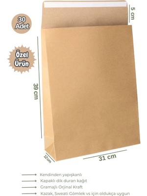 30 Adet 30X45 Mega Boy Dik Duran Yapışkanlı Kapaklı Körüklü Kraft Hediye Paketi