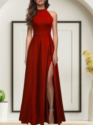 Arben Boutique Kadınhalter Yaka Derin Yırtmaç Detaylı Tam Boy Ithal Krep Abiye Elbise