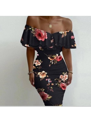 Nidam Butik Kadın Madonna Yaka Çiçek Baskılı Volan Detay Kalem Elbise