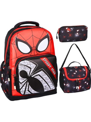 3’lü Ilkokul Örümcek Adam Baskılı, Erkek Çocuk Beslenmeli ve Kalemlikli Okul Çantası