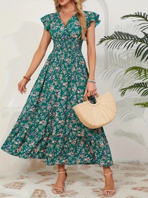 Gökyüzü Moda Kadın Kısa Kollu Kruvaze Yaka Beli Lastikli Çiçek Desenli Elbise