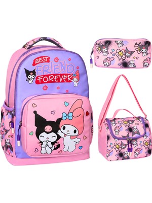 3’lü Ilkokul Kuromi Melody Baskılı Pembe, Kız Çocuk Beslenmeli ve Kalemlikli Okul Çantası