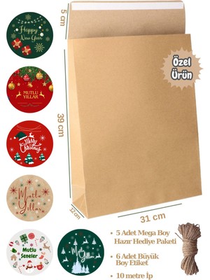 3lü Set Mega Boy Kapaklı Yapışkanlı Hediye Paketi-5li + 10 mt Jut Ip+ Yılbaşı Etiketleri