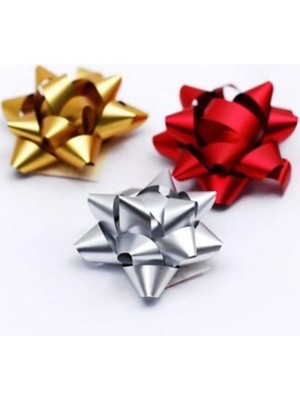 3 Adet Büyük BOY-10CM Karışık (Kırmızı-Gold-Gümüş) Metalik Fiyonk Kutu ve Ambalaj Süsü Rafya Yıldız