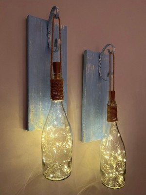 Mavi Eskitme Ahşap Cam Şişe Duvar Aplik 2'li Set