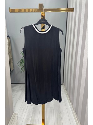 Miss Dalida Yakası Çizgi Detaylı Kolsuz Cupro Tunik Siyah T25Y-6045