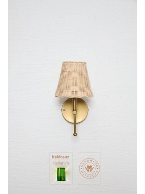 Şık Rattan Eskitme Gold Kablosuz Pilli Ledli Duvar Aydınlatması