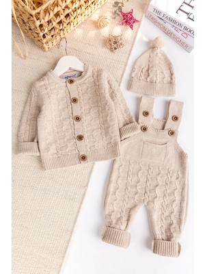 Triko Hırkalı 3'lü Ayarlanabilir Askılı  Örgü Erkek Bebek Salopet Tulum Takım Set