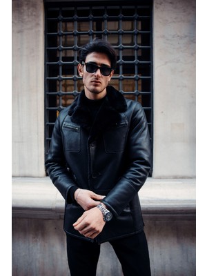 Ce-Yıl Deri Ürünleri Erkek Ceket Düz Desenli Hakiki Napa Kürk Uzun Kollu
