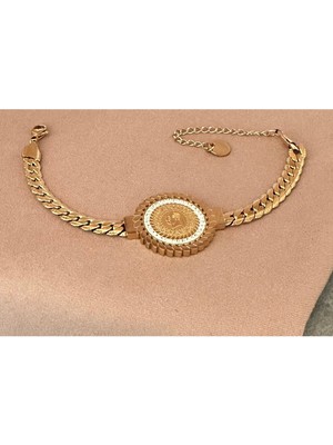 Luxury Steel Ezme Zincirli Tuğra Gold Renk Çelik Bileklik