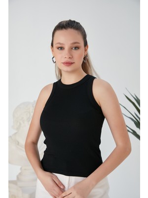 Siyah Zargo Model Fitted/vücuda Oturan Geniş Biyeli Halter Yaka Fitilli Esnek Örme Crop Bluz