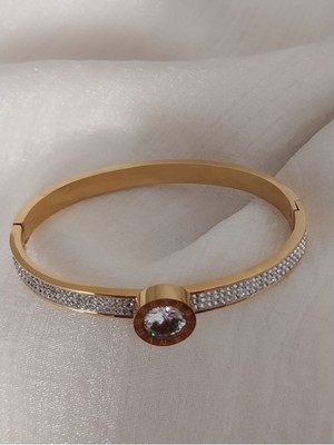 Luxury Steel Çelik Taşlı Kelepçe Bileklik Altın Kaplama