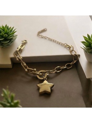 Luxury Steel Gold Renk Yıldızlı Tiff ve Ataç Zincirli Bileklik