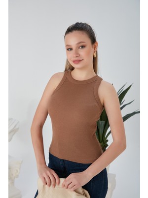 Bej Zargo Model Fitted/vücuda Oturan Geniş Biyeli Halter Yaka Fitilli Esnek Örme Crop Bluz