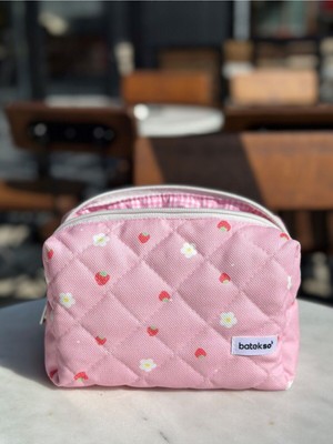 Mini Çilek Desenli Şık Makyaj Çantası, Pembe, Büyük Boy