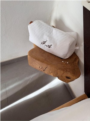 Pamuklu Waffle Kişiye Özel Tüm Saç Şekillendirici Seyahat Çantası Beyaz