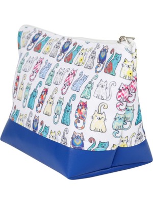 Kedi Baskılı Makyaj ve Bakım Çantası, Beyaz Renkli, Şık ve Kullanışlı Tasarım