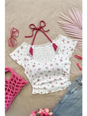 Kırmızı Dantelli Madonna Yaka Ek Askılı Y2K Kısa Kollu Crop