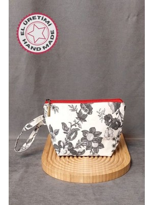 El Yapımı Keten Makyaj Çantası, Çiçek Desenli, Siyah Renkli, Şık ve Kullanışlı