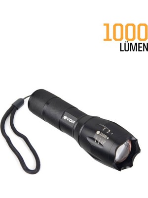 YDS TACTICAL Siyah El Feneri 1000 Lümen Yüksek Güçlü Alüminyum Malzeme ile Su Geçirmez