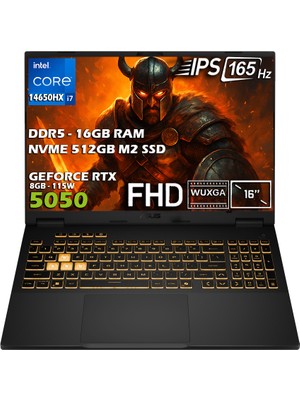 ASUS TUF Gaming F16 FX608JHR-RV048-GAMING Intel Core i7 14650HX 16GB  512GB SSD RTX5050 8GB 115W 16'' FHD 165Hz IPS Panel Freedos Taşınabilir Bilgisayar