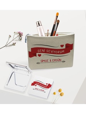 Kişiye Özel Keten Makyaj Çantası ve Ayna Seti, Sevgiliye Şık Hediye