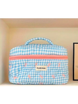 Mavi Kareli Kurdele Desenli Geniş Kapasiteli Kozmetik ve Seyahat Çantası