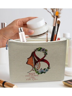 Kadınlar Günü Için Şık Bej Keten Makyaj Çantası, Özel Hediye Seçeneği