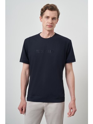  Erkek Lacivert Trend Bisiklet Yaka Baskılı Tshirt