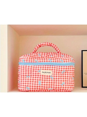 Kurdele Desenli Geniş Kapasiteli Seyahat ve Makyaj Çantası, Kırmızı Renk