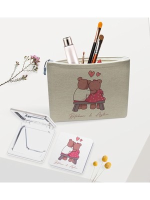 Kişiye Özel Bej Keten Makyaj Çantası ve Ayna Seti, Sevgi Dolu Hediye