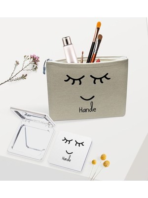 Kişiye Özel Bej Keten Makyaj Çantası ve Ayna Seti, Sevgiliye Şık Hediye