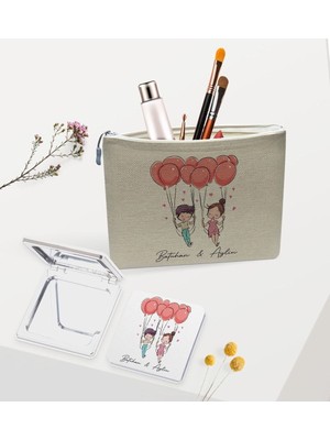 Kişiye Özel Renkli Keten Makyaj Çantası ve Ayna Seti, Sevgiliye Hediye