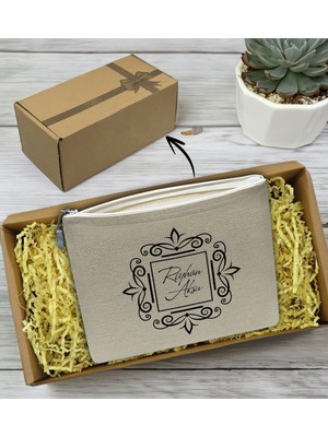 Kişiye Özel Bej Keten Makyaj Çantası, Sevgiyle Tasarlanmış Hediye