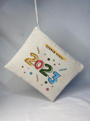 Kişiye Özel Yeni Yıl Tasarımlı Makyaj ve El Çantası Bej Renk