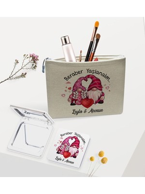Kişiye Özel Keten Makyaj Çantası ve Ayna Seti, Sevgiyle Tasarlandı