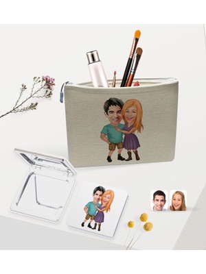 Kişiye Özel Renkli Karikatürlü Keten Makyaj Çantası ve Ayna Seti, Sevgi Hediye