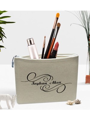 Kişiye Özel Bej Keten Makyaj Çantası, Şık ve Pratik Saklama Çözümü